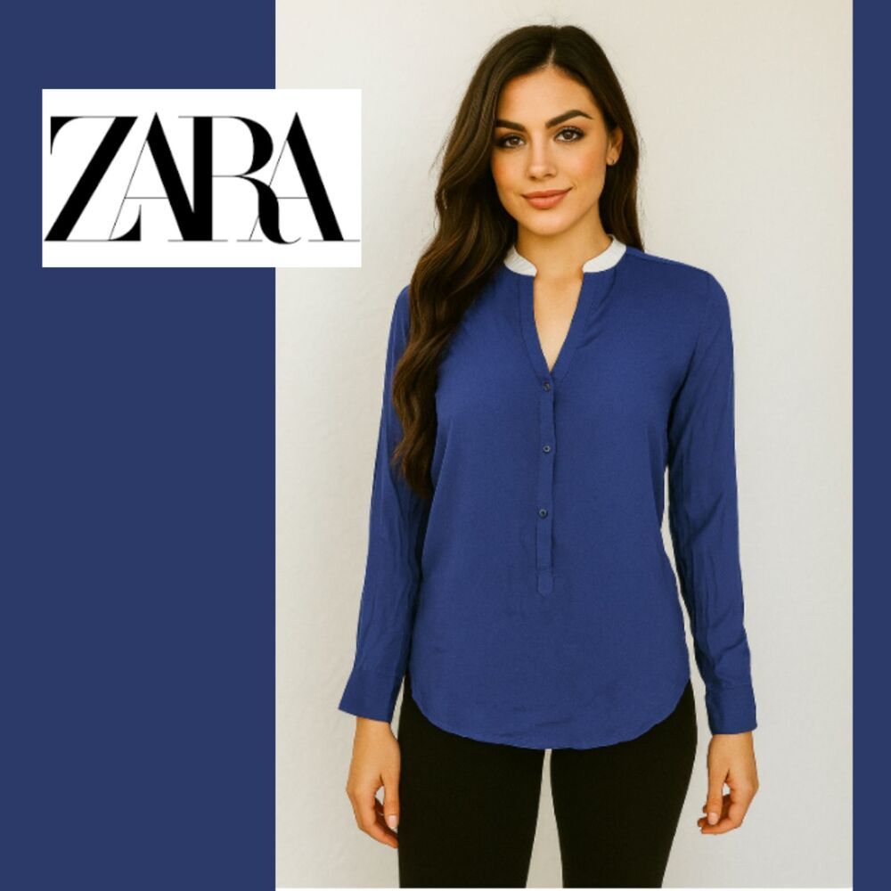 Zara Woman Blue Long Sleeve Blouse with White Neckline